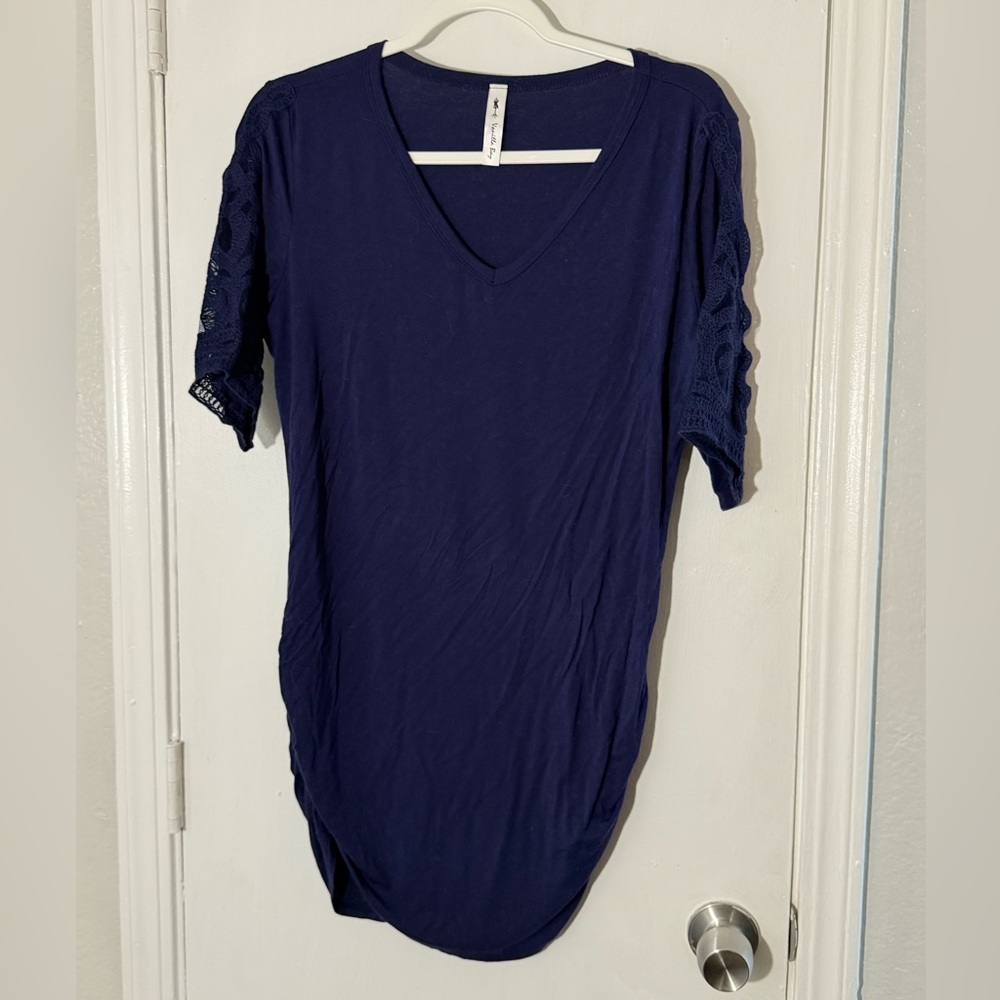 Vanilla Bay Navy Blue V-Neck Lace Sleeve Top Cinched Sides Size L